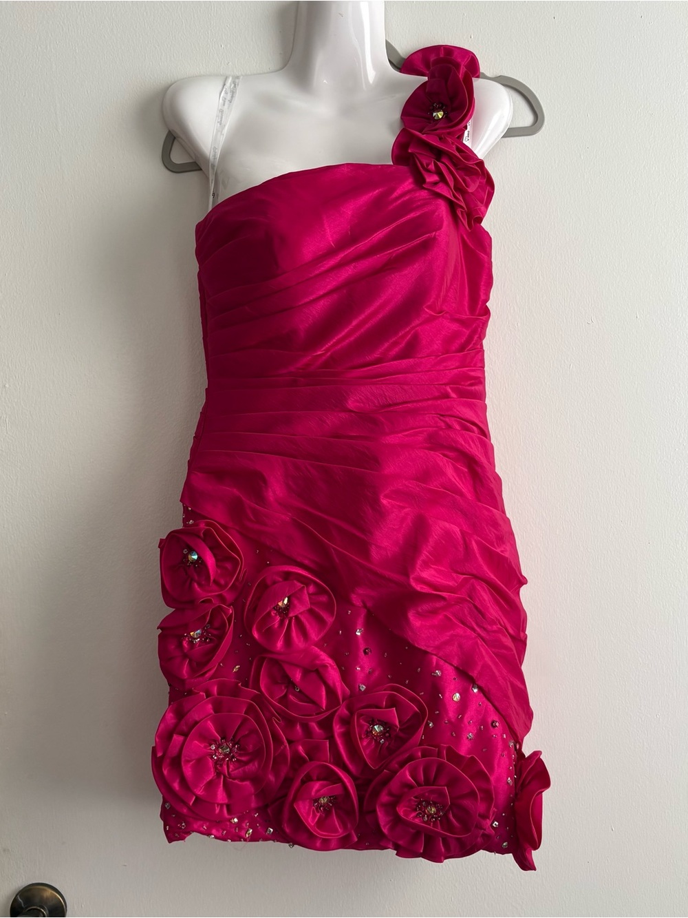 Partytime Magenta Satin One Shoulder Beaded Ruffle Bodycon Short Dress Womens 8